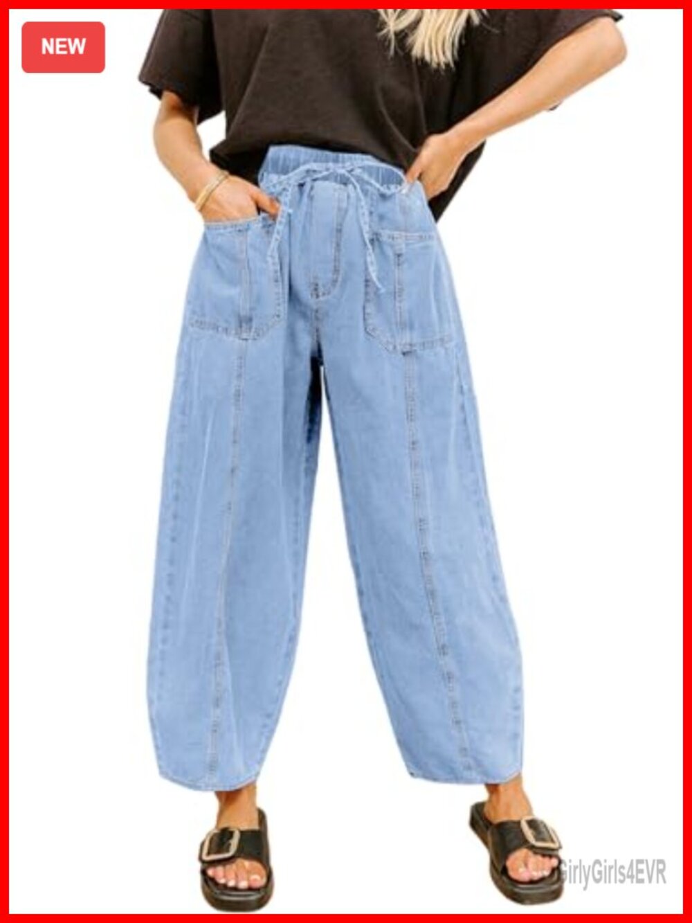 Womens High Rise Barrel Jeans Drawstring Waist Baggy Denim Pants